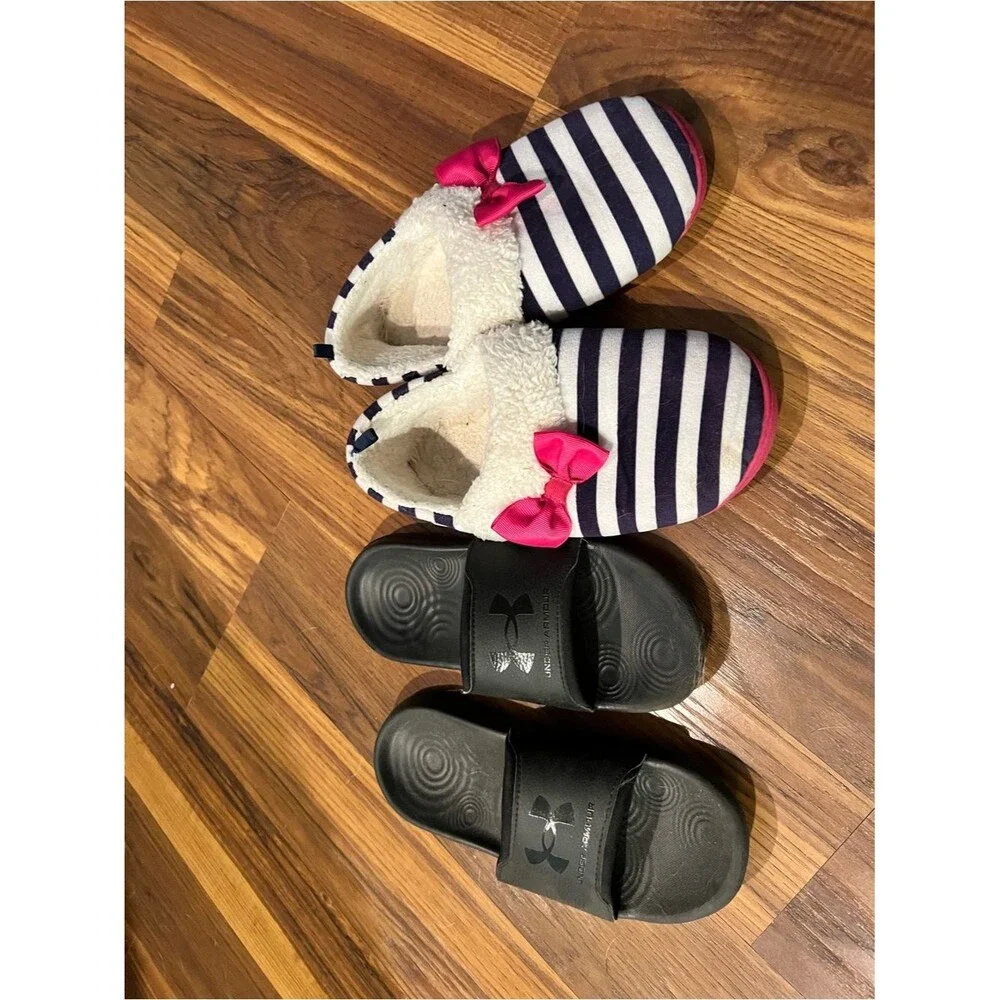 Under Armour Black Kids Slide Sandals & Navy Stripe Pink Bow Slippers Set